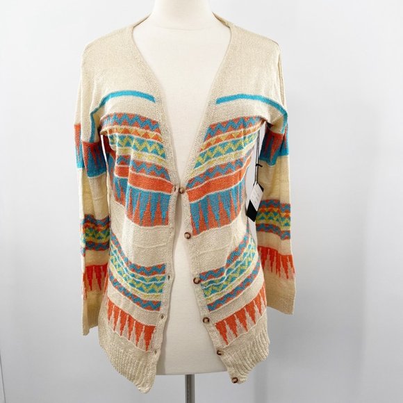 Sisters Womens Tan Western Geometric Light Weight Sweater Cardigan Size S/M NEW - Picture 1 of 8